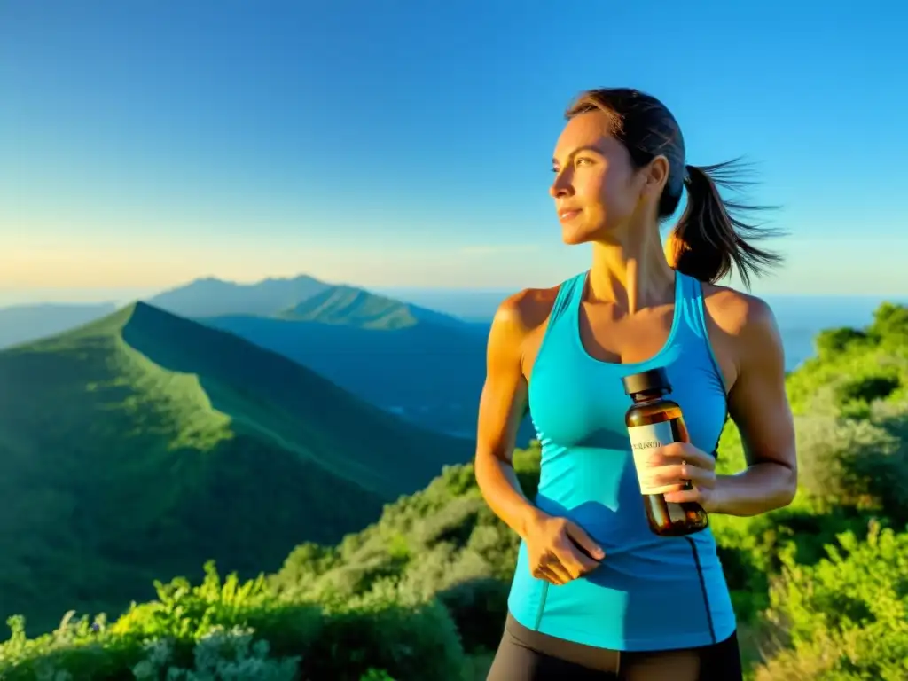 Suplementos naturales: vitalidad en la cima Una mujer en ropa deportiva de pie en la cima de una montaña, con un frasco de suplementos naturales, irradiando vitalidad y confianza