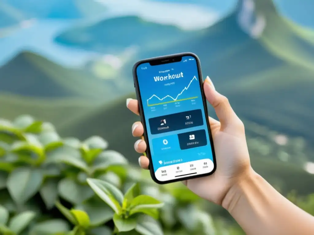 Mejora tu salud inmune con tecnología: consejos y ejercicios Una mujer en ropa deportiva de pie en la cima de una montaña, rodeada de exuberante vegetación y un cielo azul claro