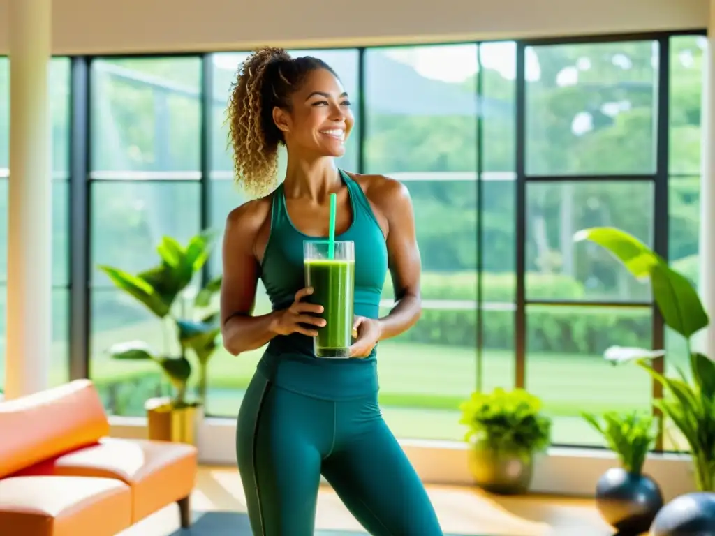 Una mujer en ropa deportiva, disfrutando de un smoothie verde en un espacio luminoso con vista a un jardín exuberante, rodeada de equipo de ejercicio