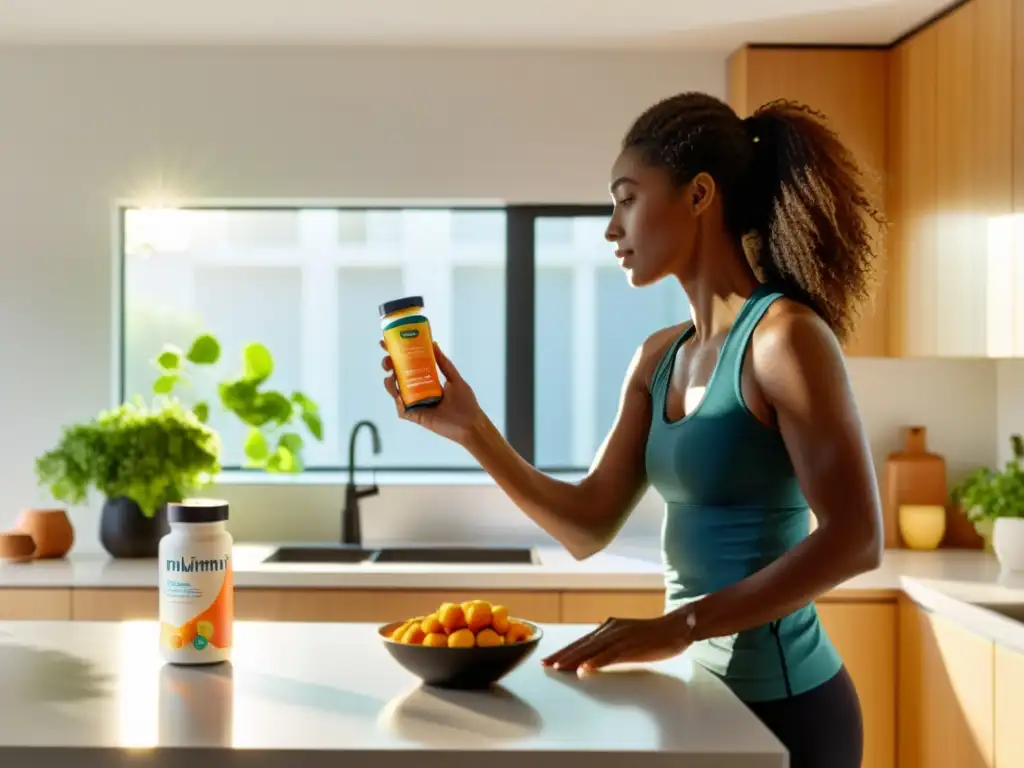 Una mujer en ropa deportiva alcanza suplementos nutricionales para reforzar inmunidad en una cocina moderna y luminosa
