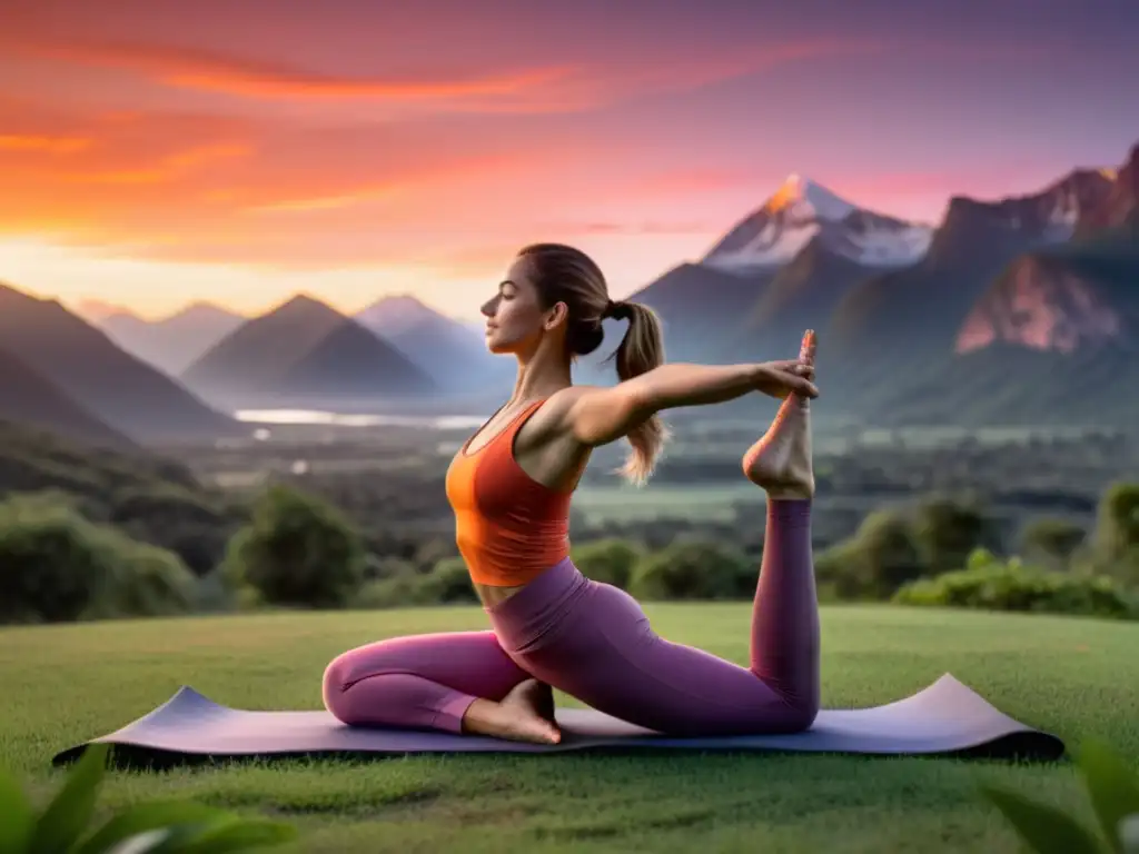 Yoga al atardecer: fuerza y flexibilidad en la naturaleza Mujer en ropa deportiva practicando yoga al atardecer en un campo, rodeada de naturaleza, transmitiendo tranquilidad y vitalidad