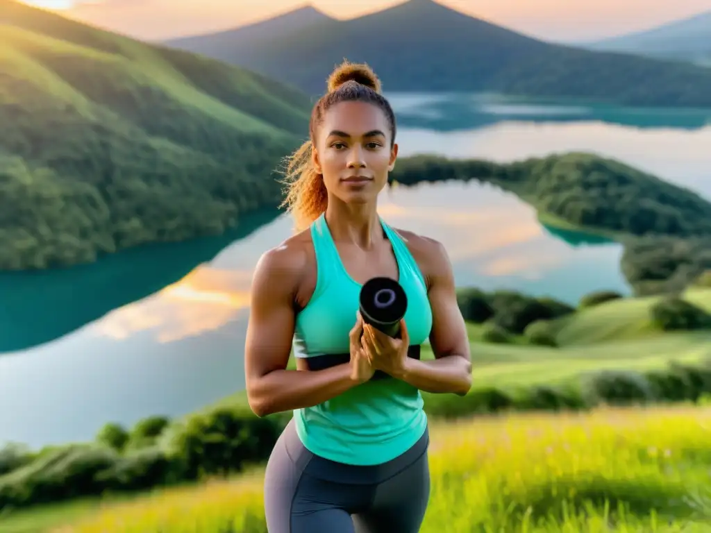 Empoderamiento en la naturaleza: mujer en la cima con yoga mat al atardecer Una mujer en ropa de ejercicio moderna, de pie en una colina verde vibrante con vista a un lago sereno al atardecer
