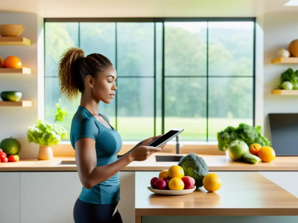 Empoderamiento en la cocina: mujer fitness controla su dieta y ejercicio Una mujer segura y determinada usa una app de fitness en una cocina moderna y luminosa, rodeada de frutas y verduras frescas