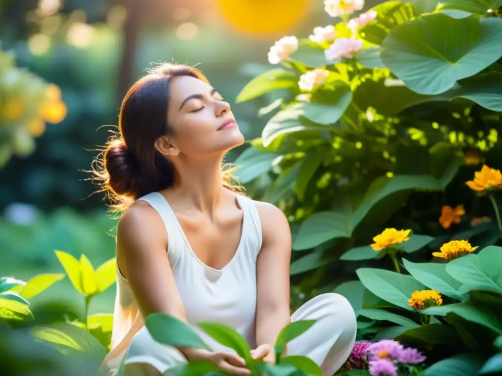 Serena meditación entre flores Una mujer practica mindfulness en un jardín sereno rodeada de flores vibrantes y exuberante vegetación