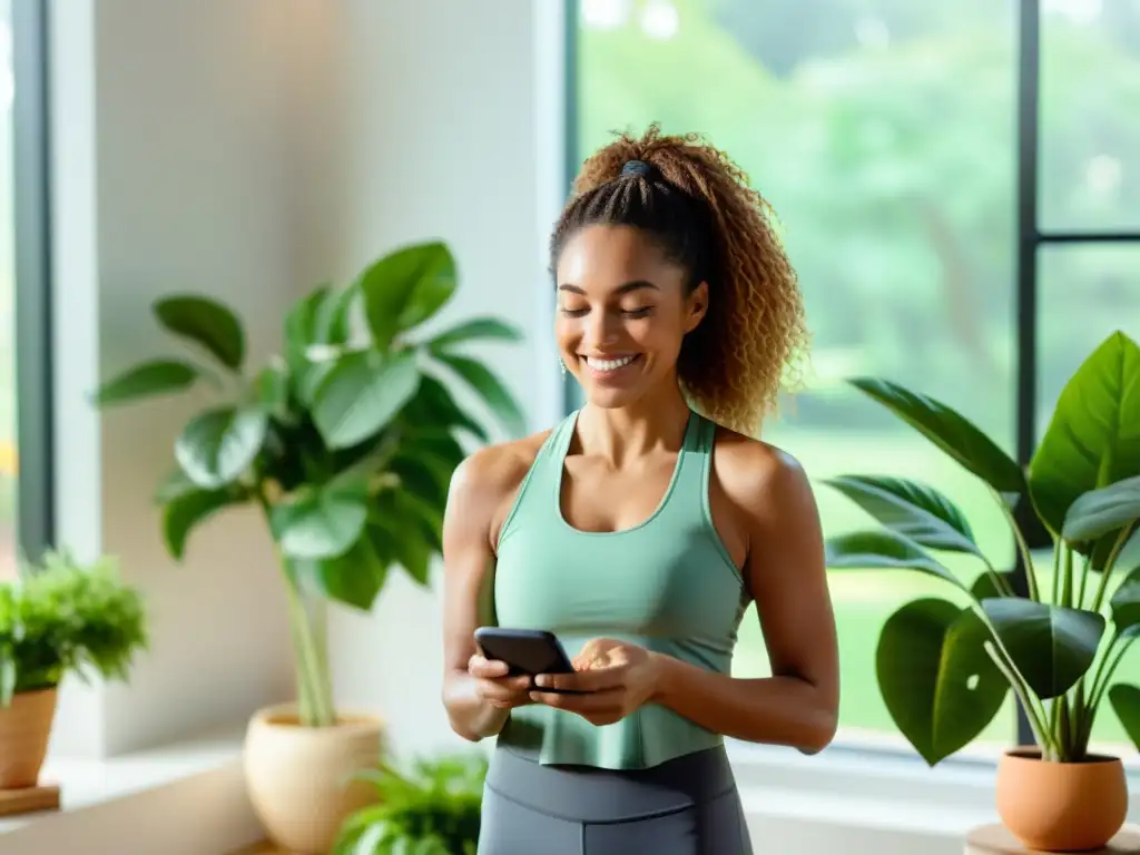 Empoderamiento saludable con app de bienestar Una mujer sonriente usa una app de salud en su smartphone en un ambiente luminoso y natural