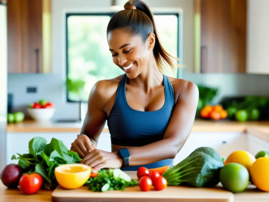 Preparando una comida saludable en la cocina Una mujer sonriente organiza ingredientes saludables en su cocina soleada