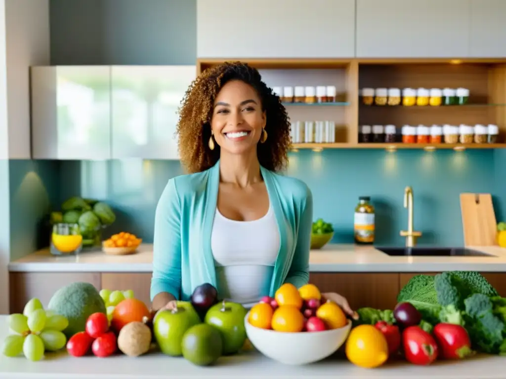 Vitalidad en la cocina: Suplementos para la salud Una mujer sonriente y radiante en una cocina soleada, rodeada de frutas, verduras y suplementos para maximizar beneficios suplementos inmunidad