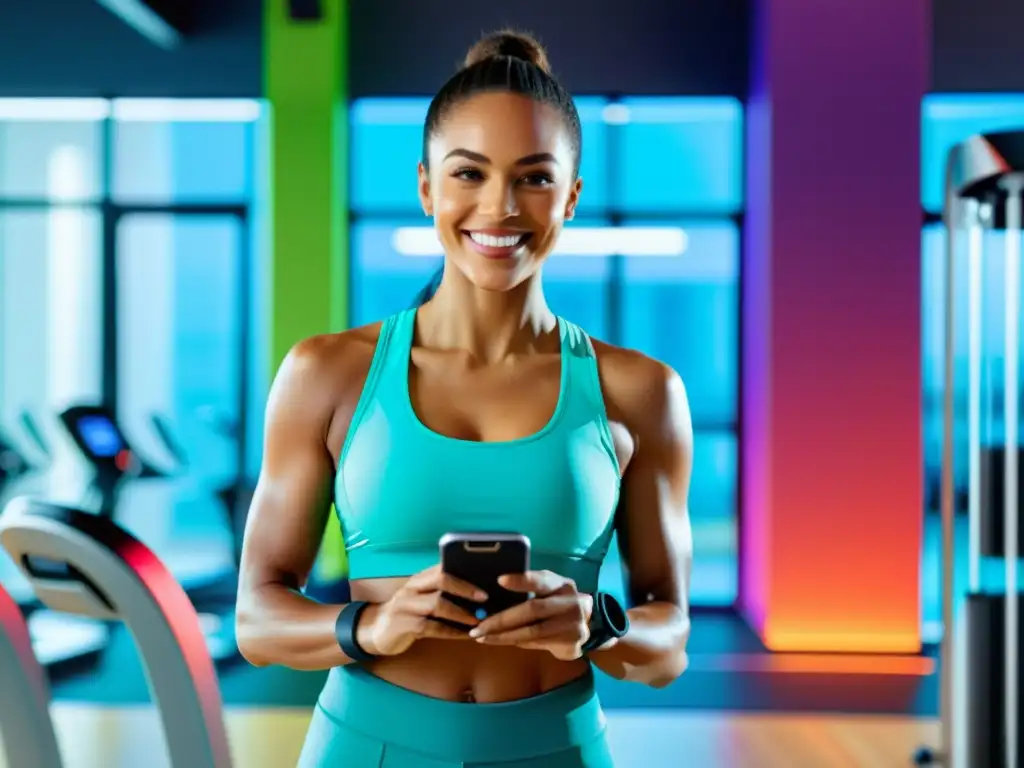 Entrenamiento futurista con app de fitness: inmersión total Una mujer sonriente sigue una rutina dinámica en un moderno gimnasio, interactuando con una app de ejercicio