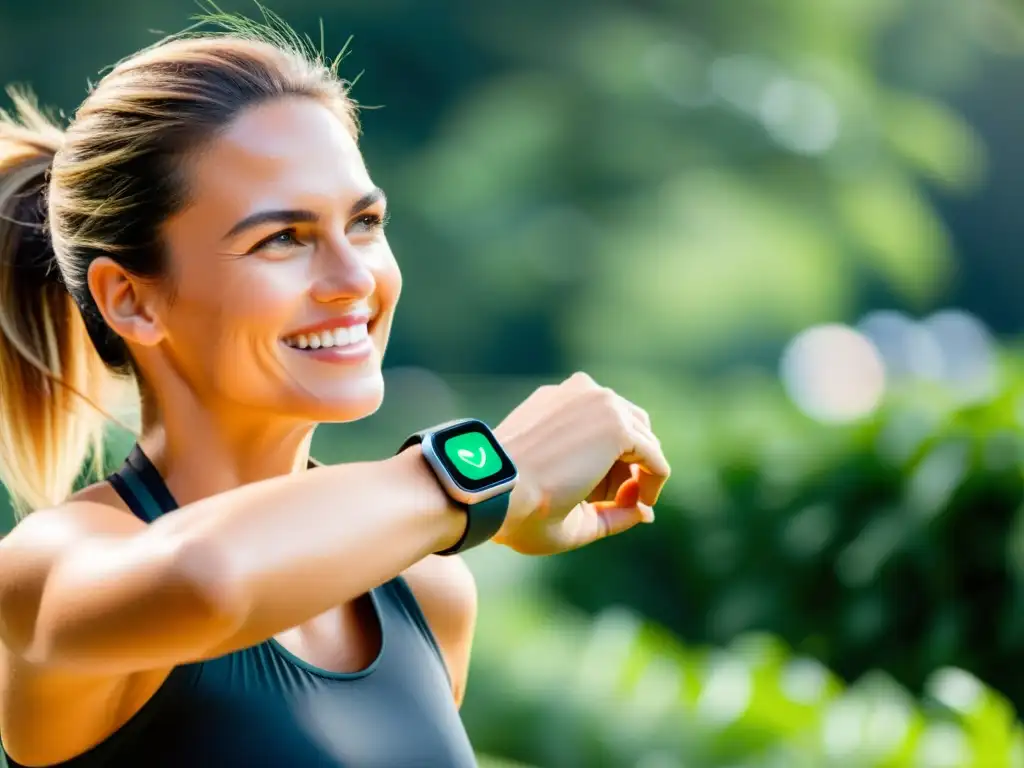 Empoderamiento activo con tecnología portátil de vanguardia Una mujer sonriente, usando un smartwatch futurista con métricas de salud, se ejercita al aire libre entre exuberante vegetación