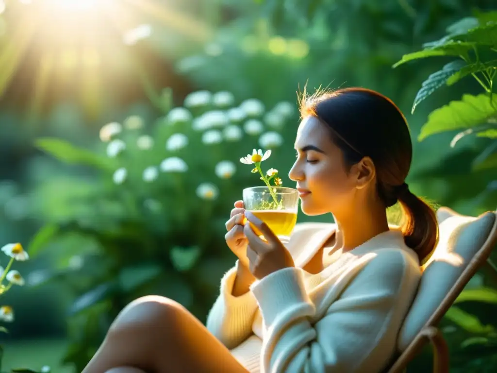 Tranquilidad con té de manzanilla en entorno acogedor Una mujer disfruta de una taza de té de manzanilla rodeada de vegetación exuberante, transmitiendo calma y bienestar