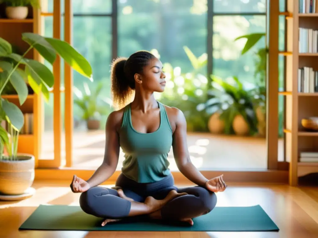 Práctica de yoga en un oasis de serenidad Una mujer practicando yoga en un ambiente tranquilo y soleado, rodeada de plantas verdes