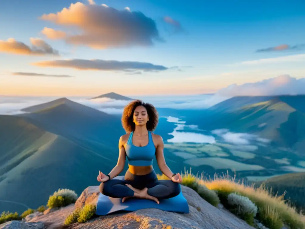Yoga al amanecer: Serenidad en la cima de la montaña Una mujer practicando yoga al amanecer en la cima de una montaña, con un paisaje sereno y nubes brumosas