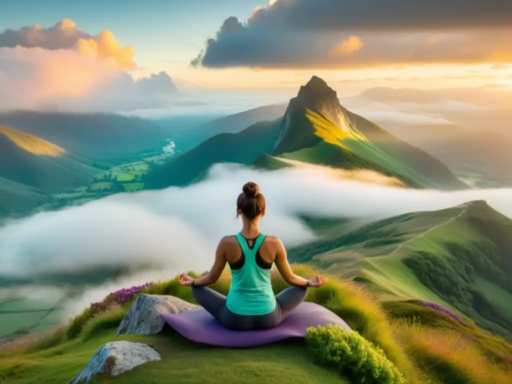 Mujer practicando yoga al amanecer en la cima de una montaña verde, rodeada de nubes y bañada por la cálida luz del sol