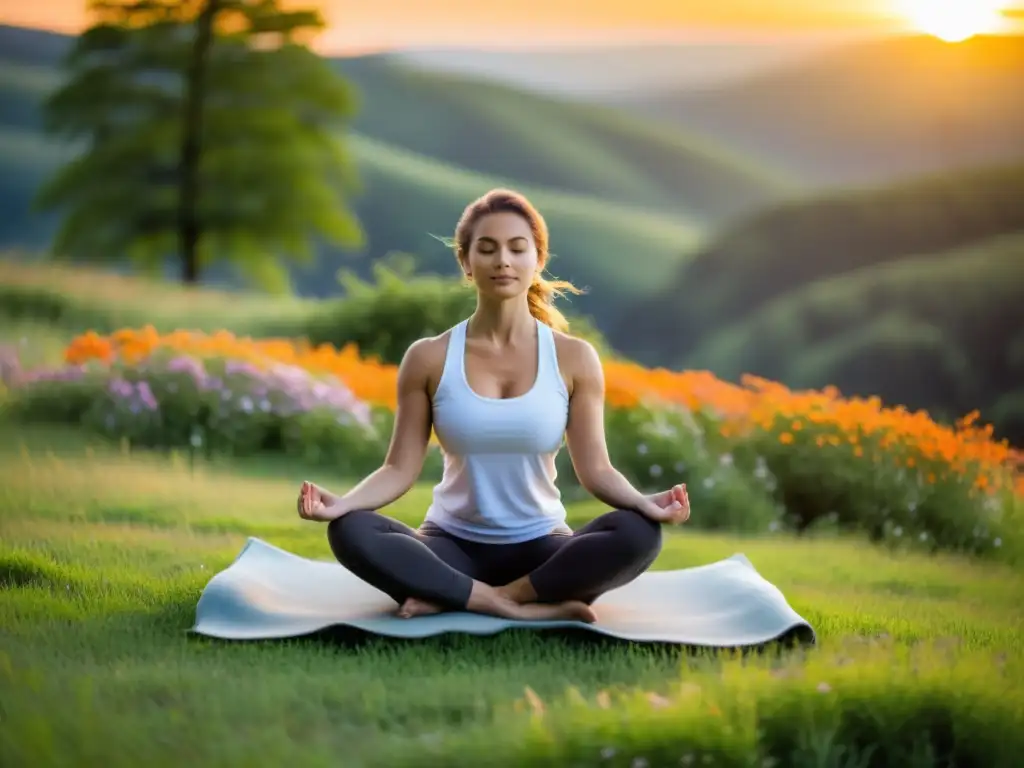 Una mujer practicando yoga en una colina verde vibrante al atardecer, rodeada de árboles altos y flores silvestres