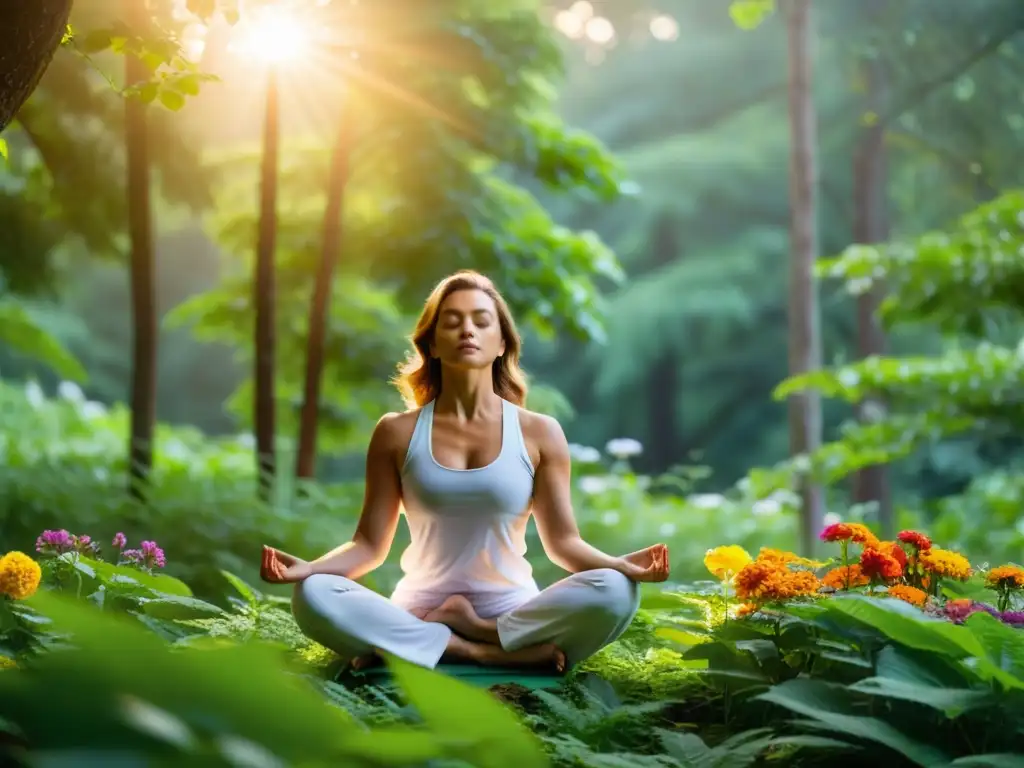 Una mujer practicando yoga al amanecer en un exuberante bosque verde, rodeada de árboles altos y flores coloridas