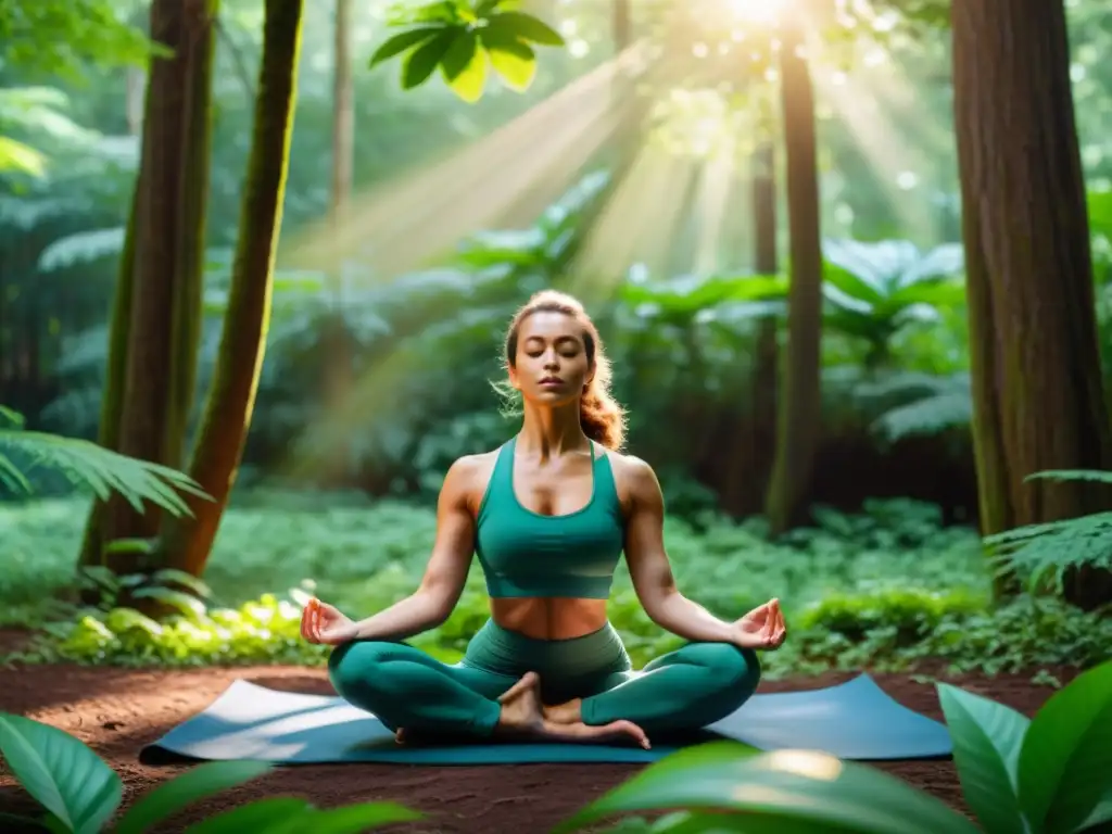 Mujer practicando yoga en el bosque: paz y fortaleza Una mujer practicando yoga en un exuberante bosque, irradiando calma y fuerza