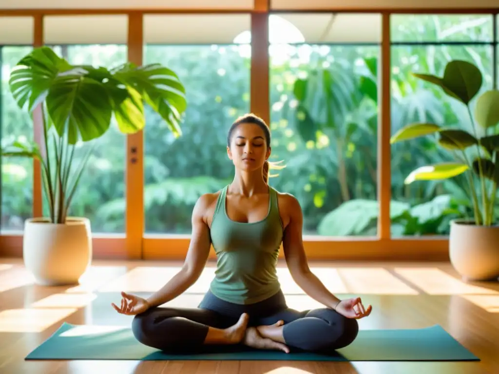 Postura de yoga inmune: Fortaleza y serenidad en la luz del sol Una mujer practicando yoga en una habitación bañada por el sol, rodeada de plantas verdes, transmitiendo fuerza y serenidad