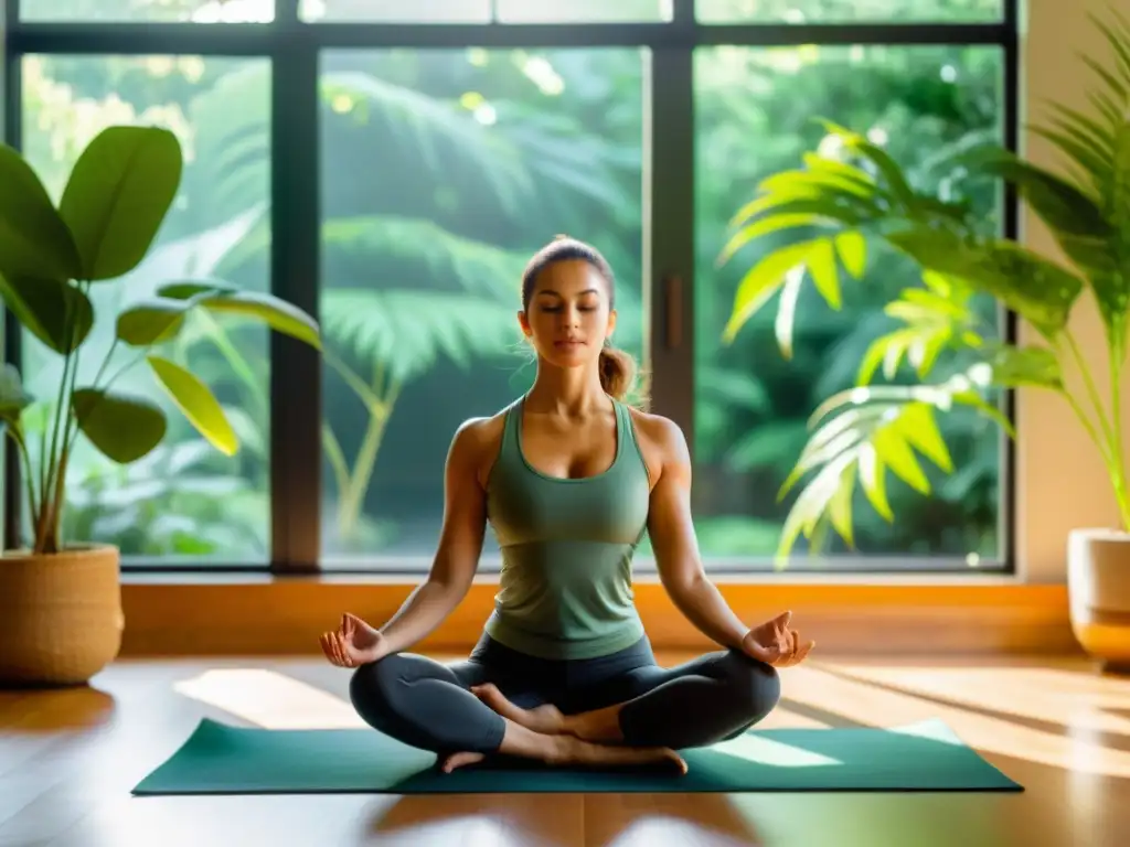 Mujer practicando yoga en un oasis de tranquilidad Una mujer practicando yoga en una habitación soleada, rodeada de plantas verdes