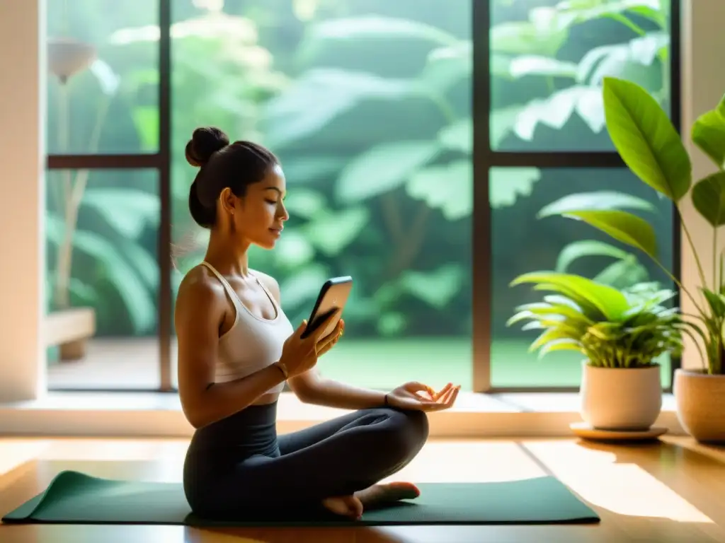 Yoga, Naturaleza y Tecnología: Fortaleciendo la Inmunidad Una mujer practicando yoga rodeada de plantas verdes en una habitación iluminada por el sol, con una aplicación de salud y bienestar en su celular