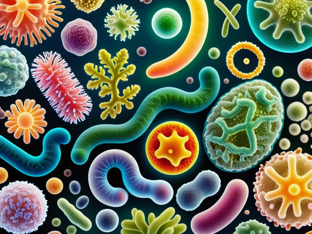 Microbiota vibrante: diversidad en detalle Un mundo vibrante de bacterias beneficiosas y microorganismos, destacando la importancia del microbioma en inmunidad