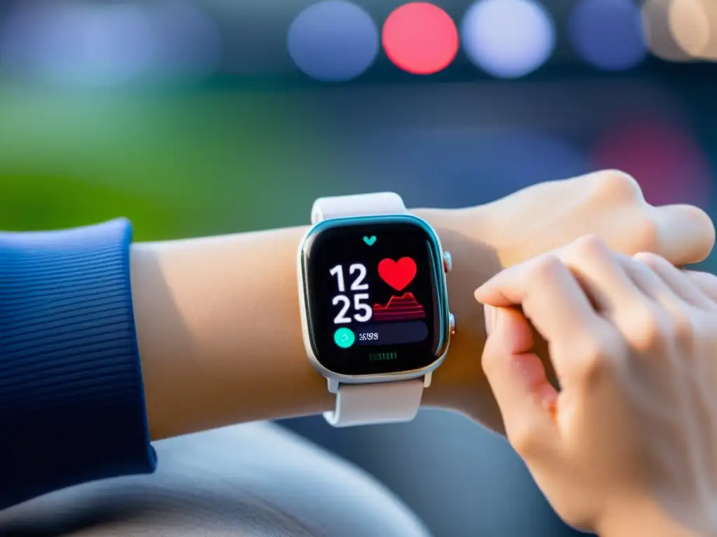 Smartwatch de salud inmune: datos de bienestar en alta resolución Una muñeca con un moderno smartwatch que muestra datos de salud, en un fondo de app de monitoreo de salud