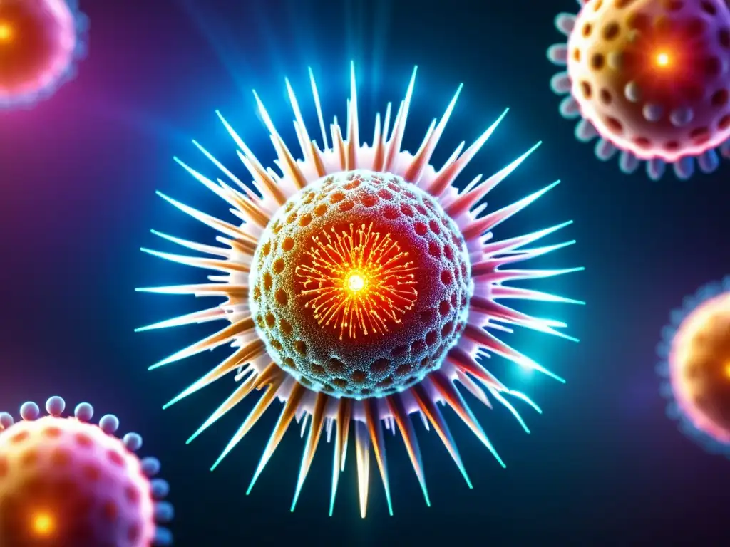 Nanobot sintético neutralizando virus: fusión tecnológico-biológica Un nanobot futurista libera partículas microscópicas, destacando la tecnología de sistemas inmunes artificiales en un entorno biológico vibrante