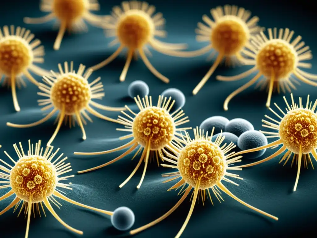 Nanobots interactuando con células inmunes a nivel molecular Nanobots interaccionando con células del sistema inmunológico a nivel molecular, destacando la nanotecnología en inmunología