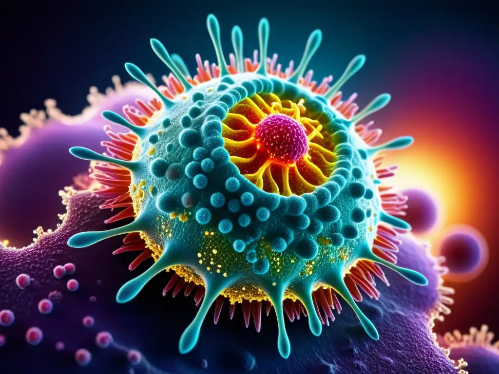 Nanobots combatiendo virus: inmunoingeniería en acción Interacción de nanobots y virus a nivel nanoscópico, ilustrando la tecnología de sistemas inmunes artificiales con detalle y vibrantes colores