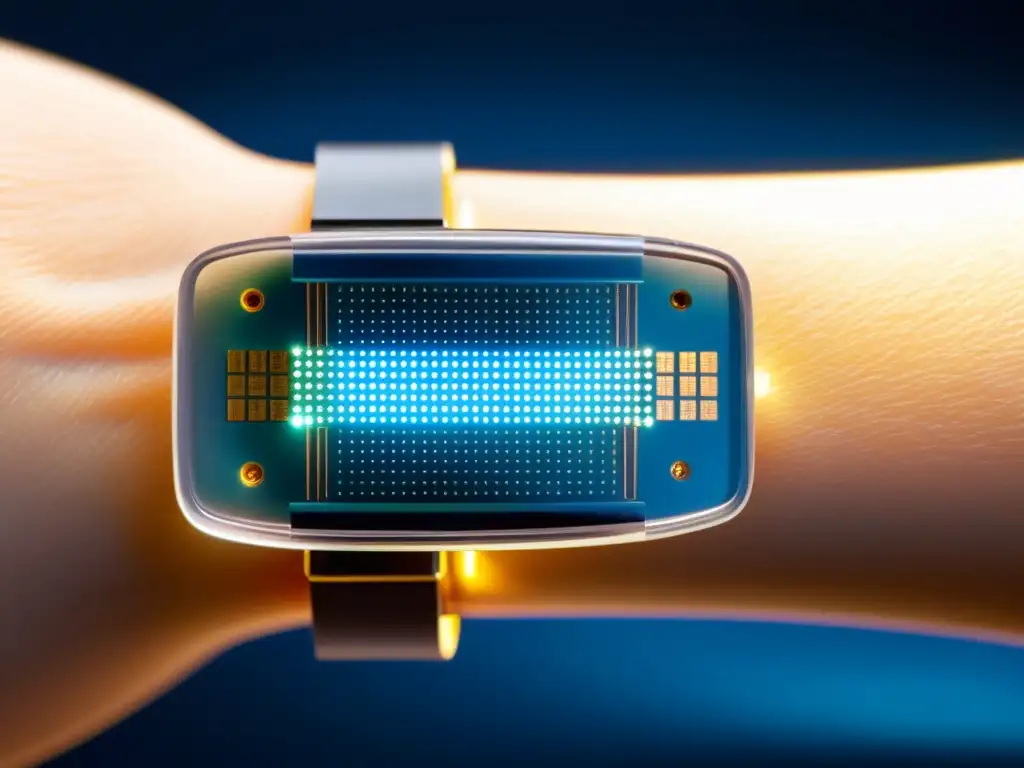 Parche nanotecnológico para monitoreo inmunitario Nanotecnología para fortalecer sistema inmunológico: parche con sensores y circuitos integrados en antebrazo, emitiendo suaves luces LED