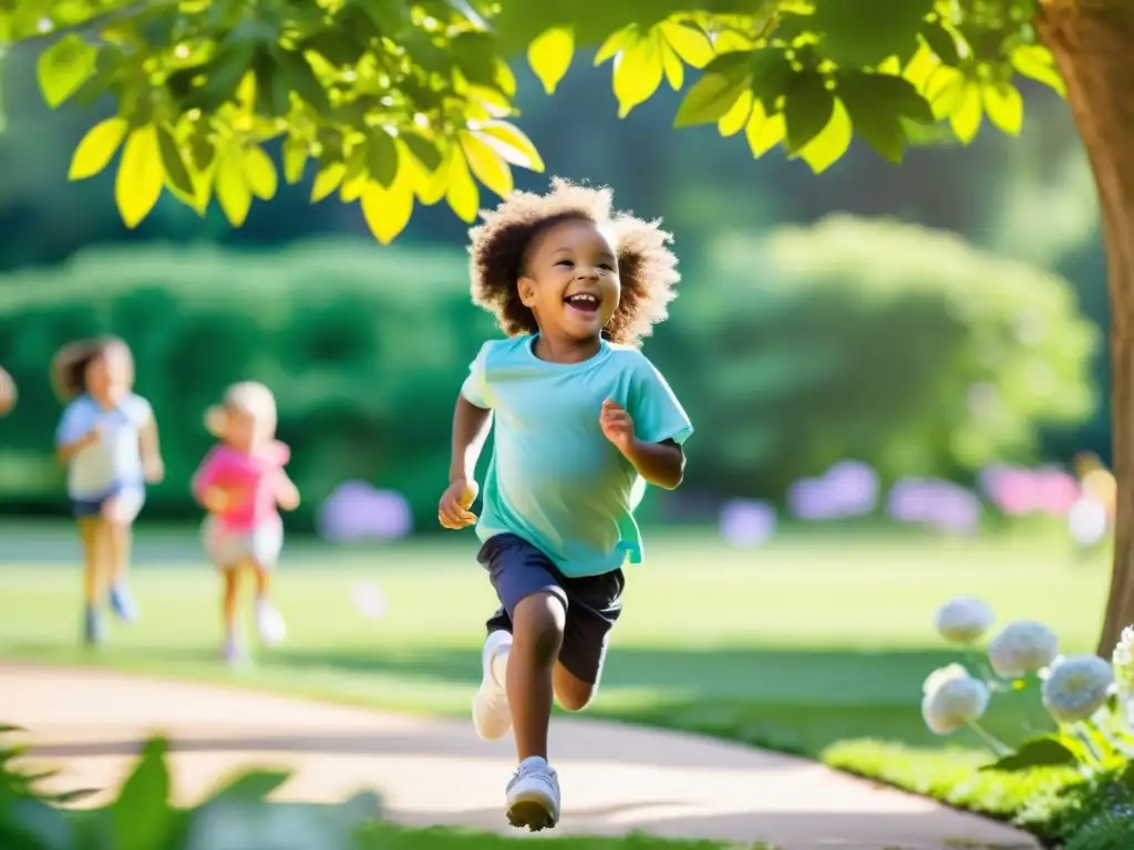 Niños felices jugando y creciendo en la naturaleza Niño jugando al aire libre en un parque verde y vibrante, rodeado de árboles y flores