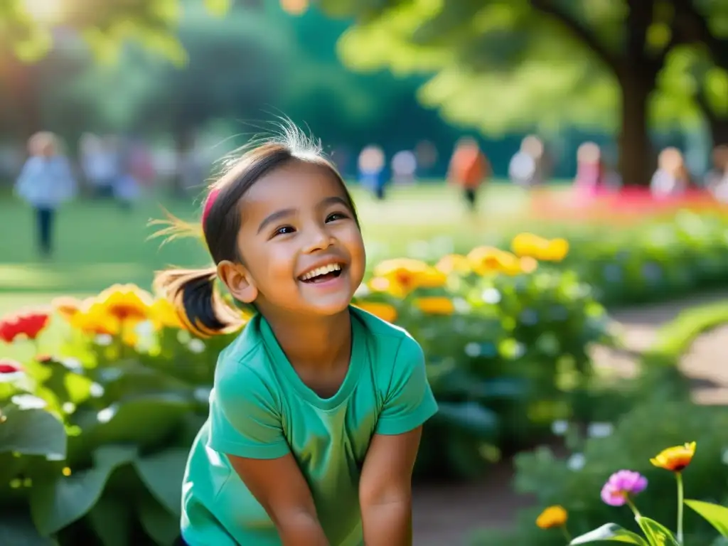 Felicidad infantil en parque vibrante Niño jugando al aire libre en un parque vibrante rodeado de naturaleza y otros niños
