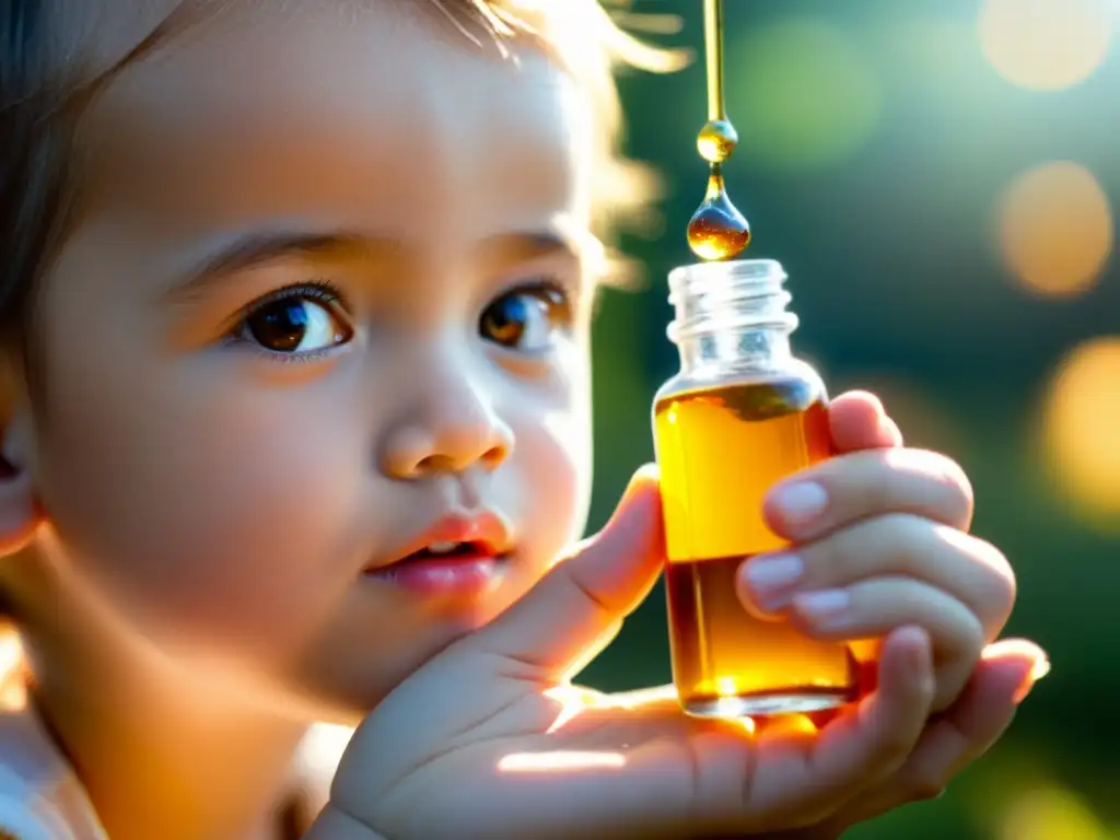 Un niño sostiene una botellita de medicina homeopática con luz dorada, creando una atmósfera mágica