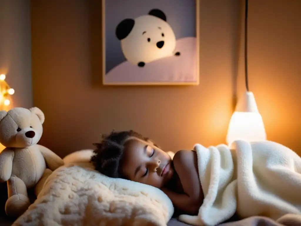 Sueño tranquilo: Creando un ambiente de descanso para la salud infantil Un niño duerme apaciblemente en una cama acogedora, rodeado de mantas suaves y peluches