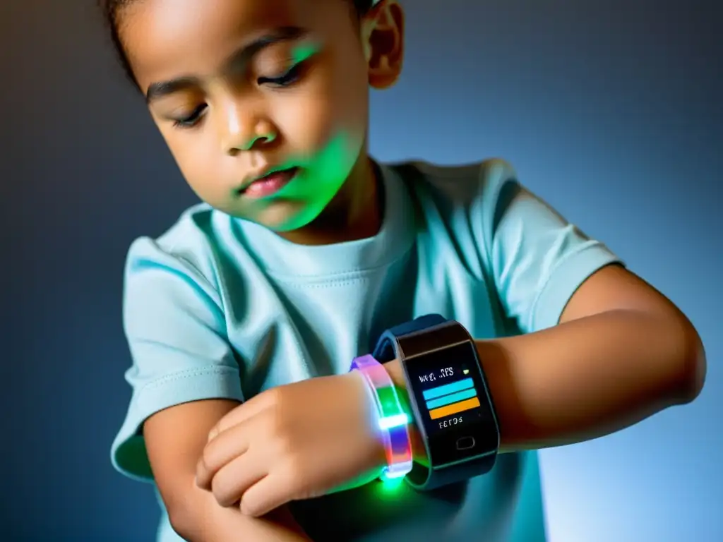Dispositivo futurista muestra sistema inmune en acción Un niño usa un dispositivo futurista que fortalece su sistema inmune, mostrando datos de salud en tiempo real