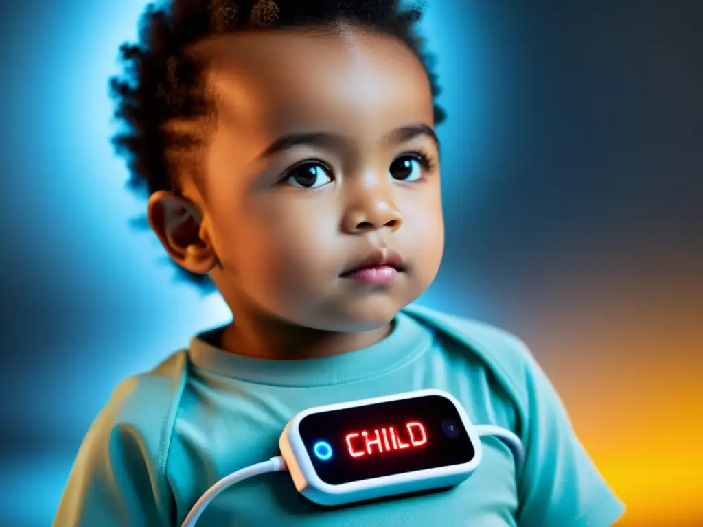 Dispositivo futurista para fortalecer la salud infantil Un niño lleva un dispositivo wearable moderno para fortalecer su sistema inmune