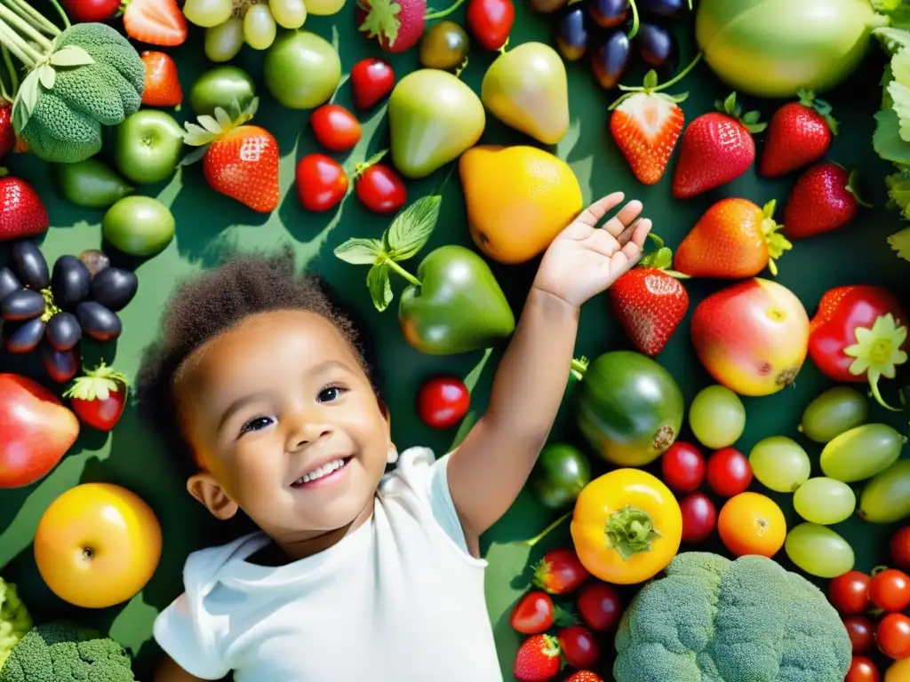 Niño descubriendo frutas y verduras en un jardín soleado Niño rodeado de frutas y verduras vibrantes, explorando una jugosa fresa