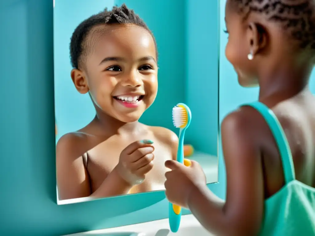 Un niño sonriente se cepilla los dientes en un baño reluciente y moderno, fortaleciendo su sistema inmunológico