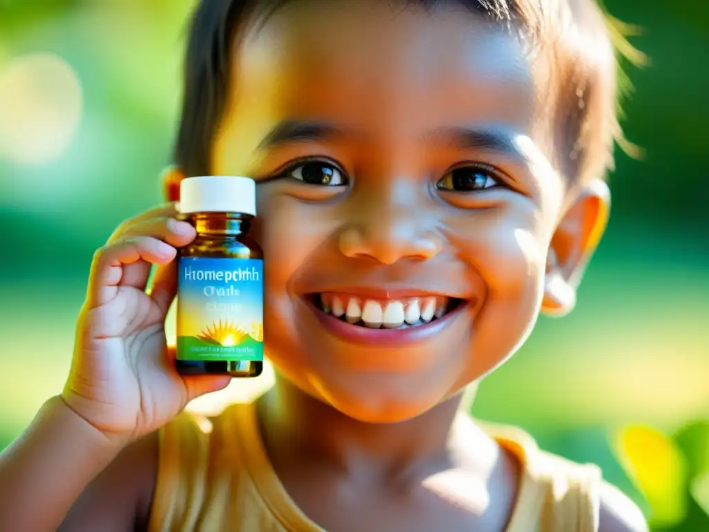 Niño sonriente sostiene frasco de homeopatía, con luz solar creando un espectro de colores en su mano
