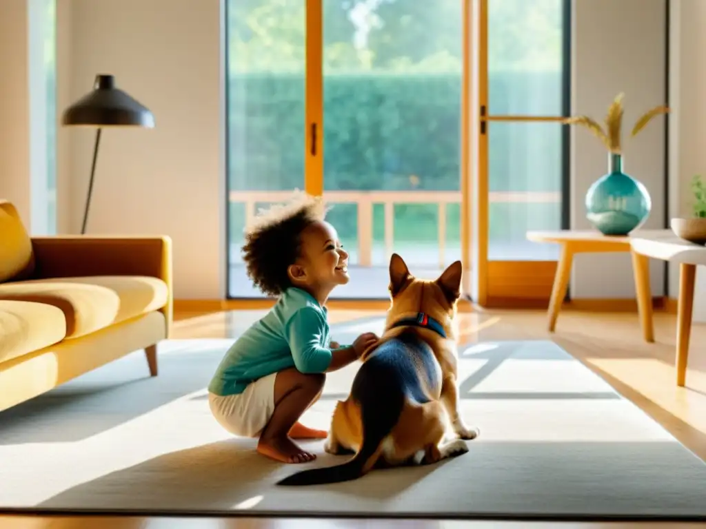 Niño feliz jugando con perro en sala moderna Un niño sonriente acaricia a un perro en una sala bien iluminada y limpia, transmitiendo calidez y confort