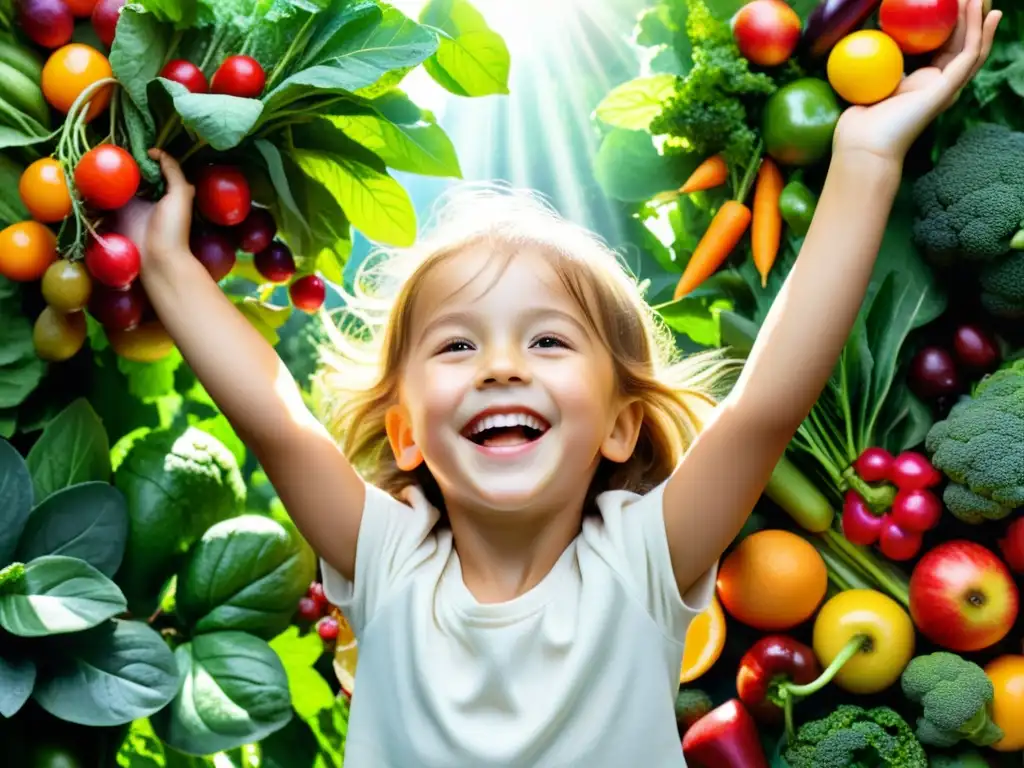 Niño feliz rodeado de frutas y verduras bajo luz solar Un niño sonriente rodeado de frutas y verduras coloridas, con rayos de sol filtrándose entre las hojas