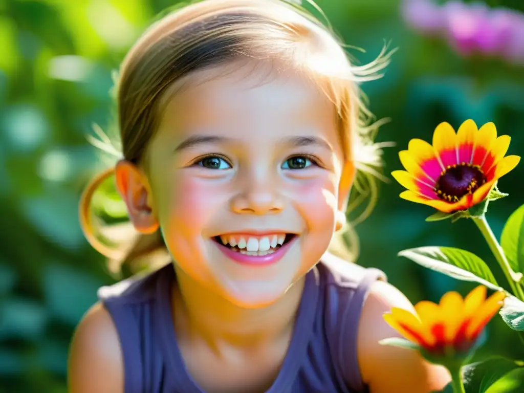Un niño sonriente juega rodeado de naturaleza exuberante, fortaleciendo su sistema inmunológico
