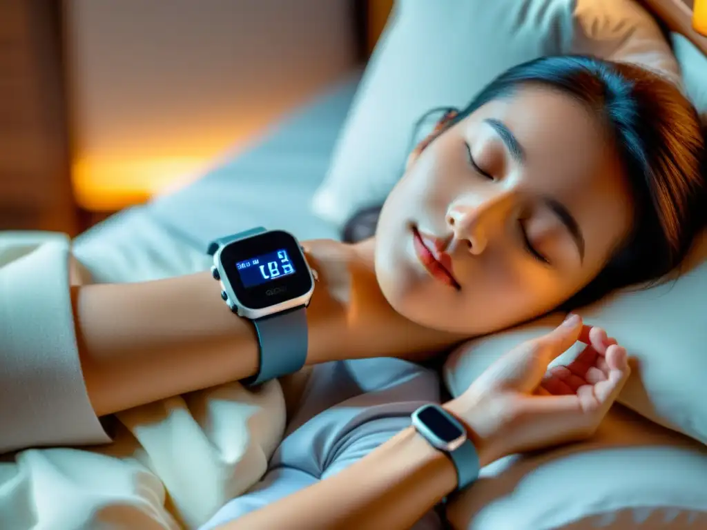 Monitor de sueño para niños: paz y tecnología Un niño duerme tranquilo con un monitor de sueño en la muñeca, iluminado por su suave luz