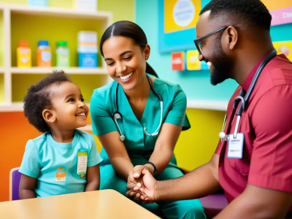 Vacunación infantil: apoyo amoroso en el consultorio Un niño recibe vacuna en consultorio médico, con profesional de la salud sosteniendo su mano y sonriendo