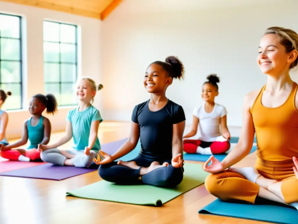 Yoga para niños: diversión y alegría en un estudio luminoso Niños disfrutando de los beneficios del yoga en un estudio luminoso y alegre, practicando posturas con sonrisas y alegría