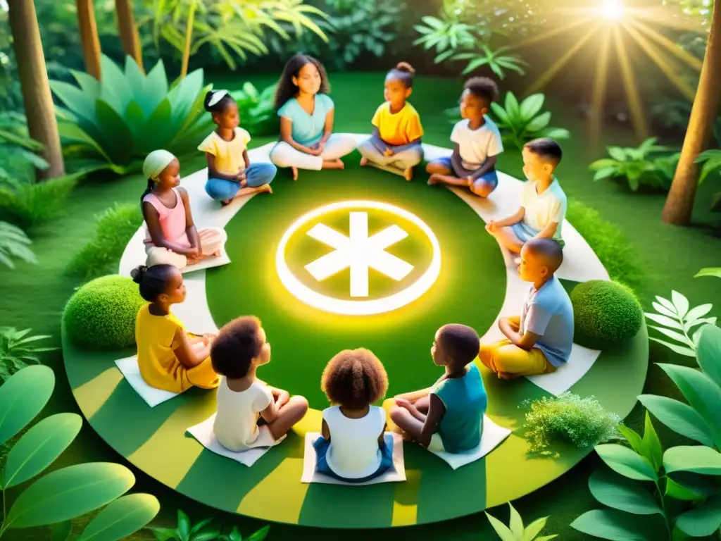 Niños en meditación: armonía y serenidad en la naturaleza Niños meditando en círculo rodeados de naturaleza y símbolos de meditación