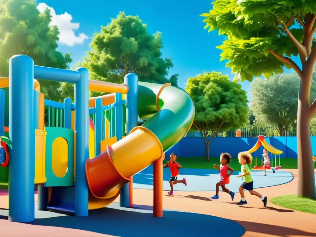 Niños felices y sanos jugando al aire libre en un parque vibrante Niños felices y activos jugando en un colorido parque rodeado de naturaleza, transmitiendo vitalidad y energía
