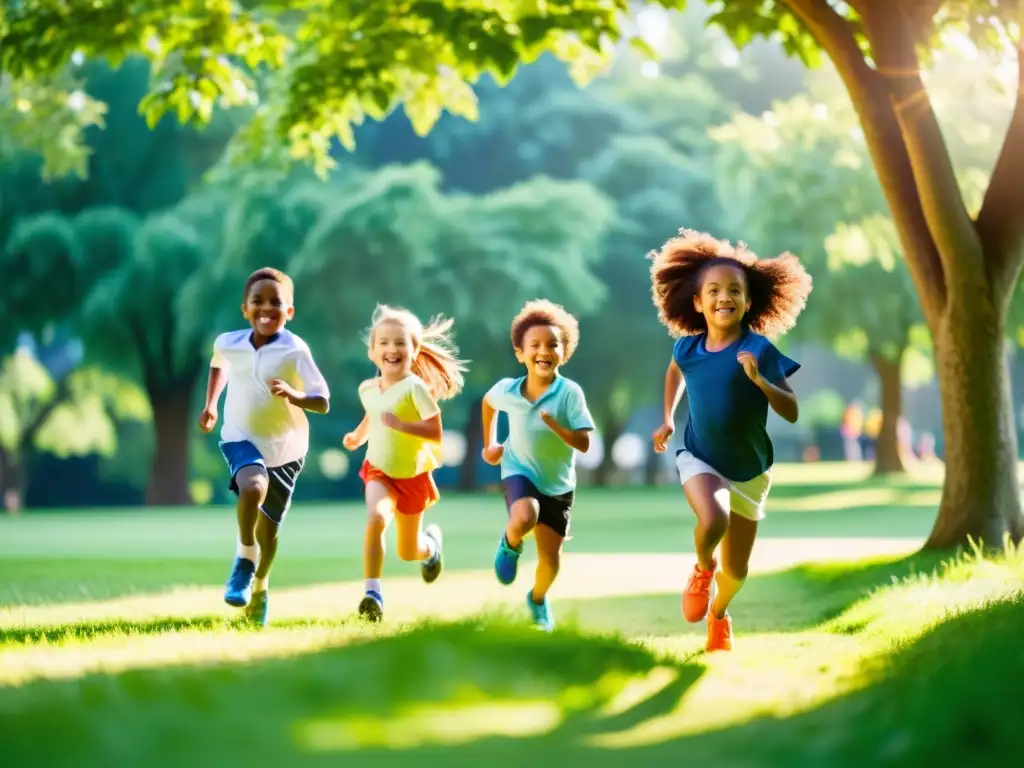 Niños felices disfrutando actividades al aire libre en un parque verde Niños felices jugando al aire libre en un hermoso parque, fortaleciendo su inmunidad a través de la actividad física y la diversión al aire libre