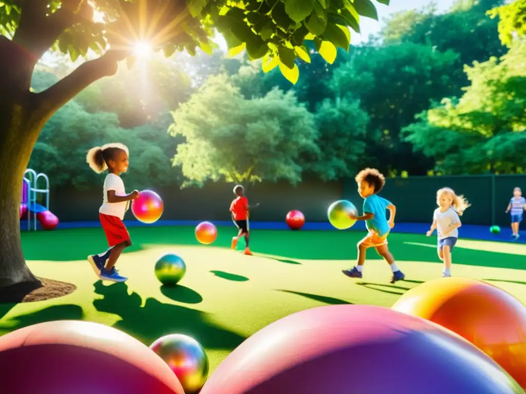 Niños felices jugando al aire libre en un parque verde y soleado, rodeados de cuidadores sonrientes