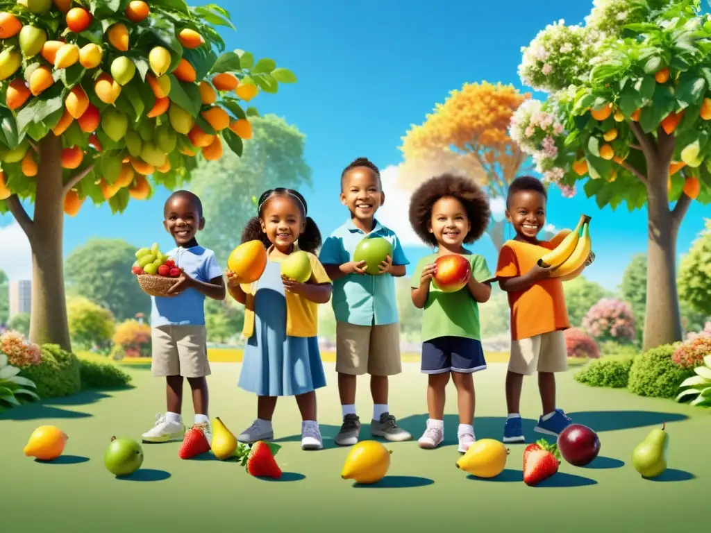 Niños felices disfrutando frutas en un parque colorido Niños felices jugando en un parque con frutas, rodeados de naturaleza