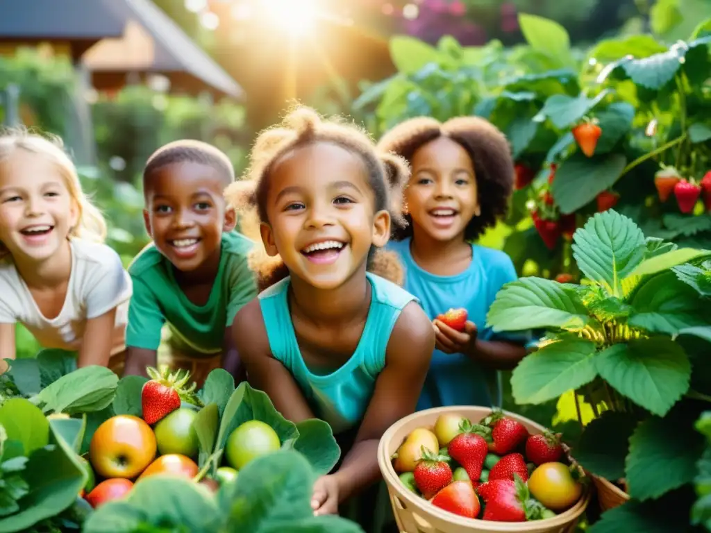 Niños felices y saludables exploran un jardín colorido, fortaleciendo su sistema inmunológico con frutas y verduras frescas en un día soleado